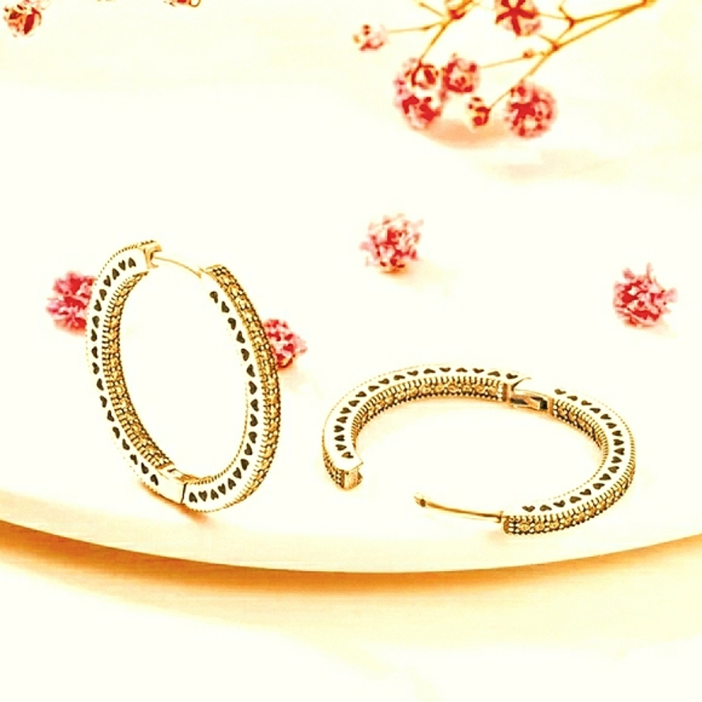 .925 Sterling: 14k gold plated pave hoops with heart pattern; NWOT